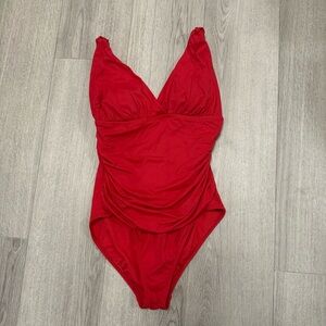 Liz Claiborne Rouches Orange-Red One-Piece Swimsuit for Kids - Classic V-Neck